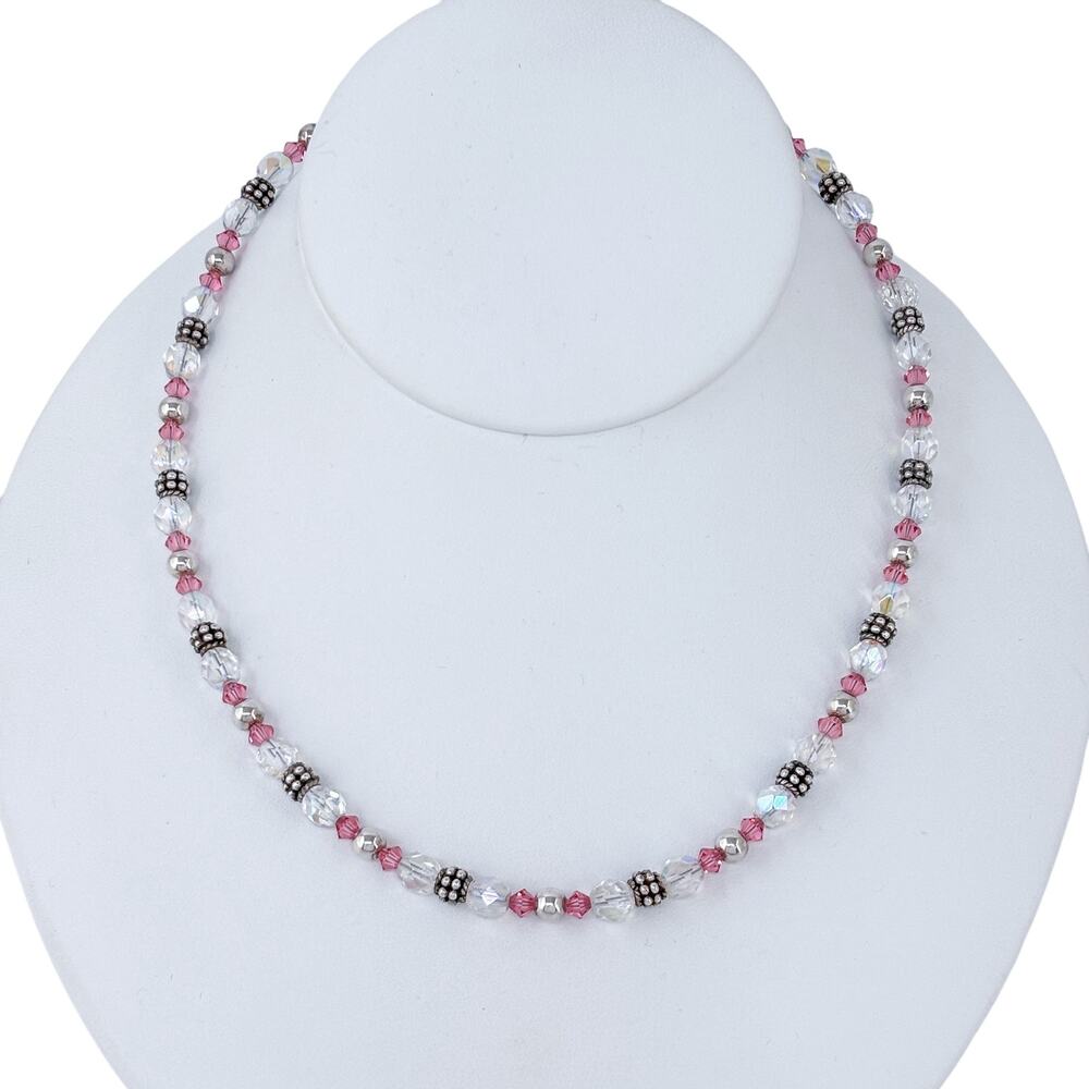 Vintage Sterling Silver 925 Pink Aurora Borealis Crystal Beaded Necklace 16.5"